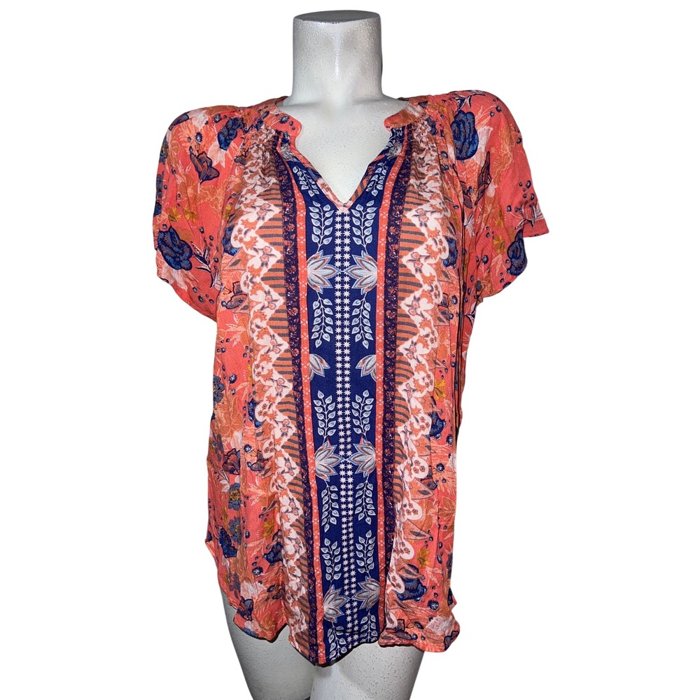 New Mason & Belle Top Womens‎ Size L Coral Floral Border Print Boho V-Neck Shirt